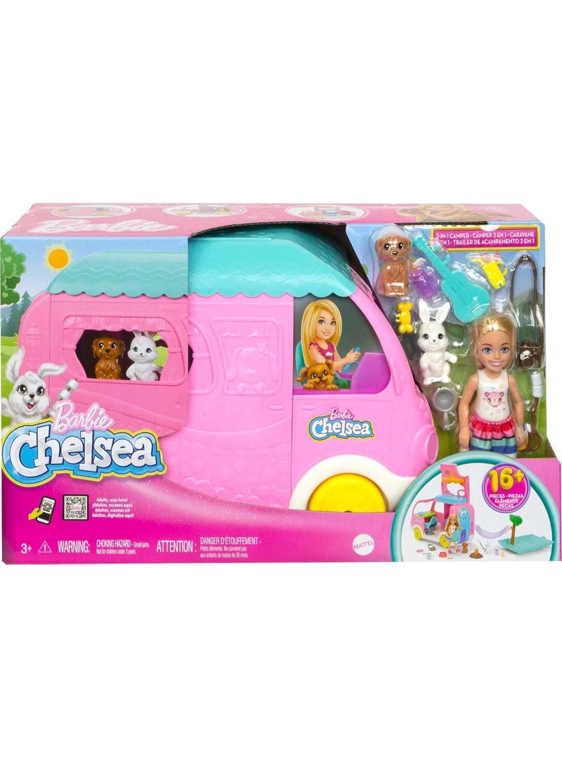 Matttel Barbie Chelsea 2-in-1 Camper Playset with Chelsea Small Doll, 2 Pets & 15 Accessories - Image 1